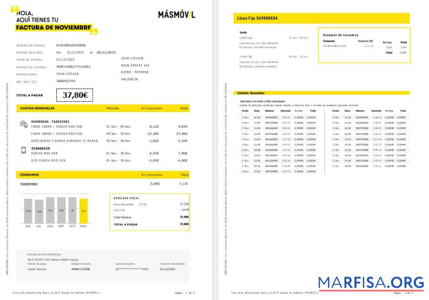 Printable Spain Masmovil internet and mobile utility bill Word and PDF formats, 5 pages template